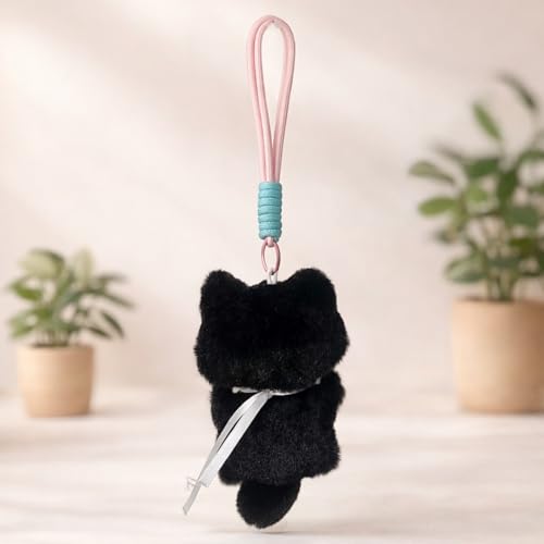 Image of Cute Black Cat Plush Keychain with Pink Gingham Bib & Red Nose | Soft Mini Kitty Bag Charm with Hanging Loop Strap | Kawaii Keyring Gift for Girls, Kids & Cat Lovers