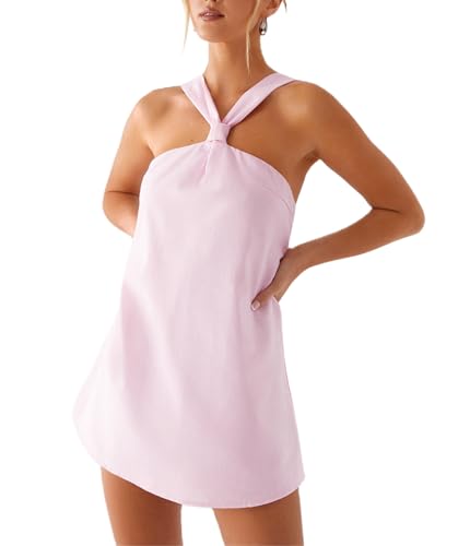 Women Aesthetic Halter Short Dress Sleeveless Cross Tie Up Backless Solid Slim Mini Dress Vacation Party (Pink, M)