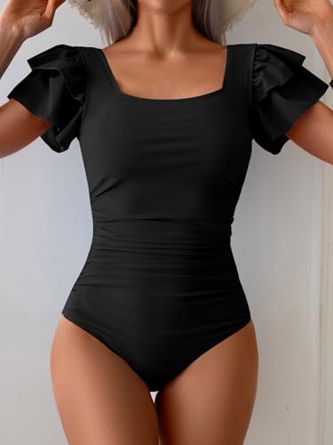 Eomenie Women's Tummy Control One Piece Swimsuit Ruffle Square Neck Bathing Suit Ruched Cutout Back Slimming Swimwear3