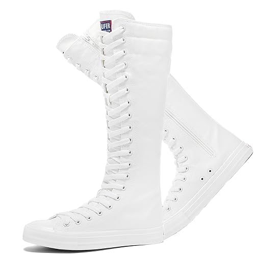 rismart Women's Canvas Sneakers Knee Length High Top Side Zip School Cheergirls Long Boots