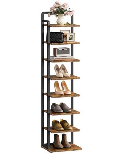 CHOEZON 8-Tier Vertical Shoe Rack, Narrow Shoe Tower, Corner Shoe Storage Organizer, Shoe Shelf, for Small Spaces, Industrial Style, for Entryway, Hallway, Living Room, Rustic Brown and Black TXJ08BF