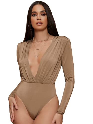 SheIn Women's Sexy Deep V Neck Long Sleeve Plunging Ruched Bodysuit Bodycon Tops