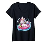 Mujer Lindo unicornio disfrutando de la diversión del helado para un amante de los unicornios Camiseta Cuello V