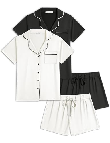 Image of Ekouaer Womens Pajamas Set 2 Pack Button Down Summer Sleepwear Short Sleeve Comfy Pjs Loungewear Set