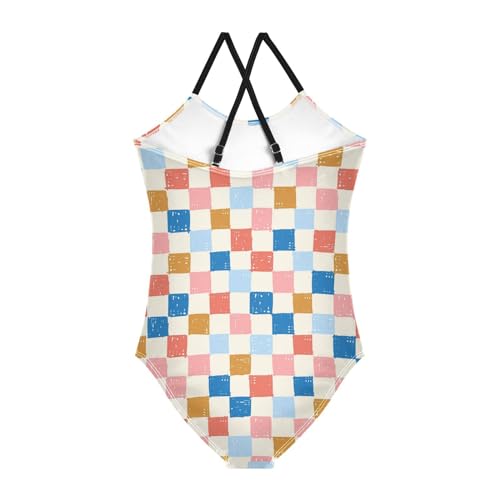 Stripe Checkerboard Girls One Piece Swimsuits Organic Check Sport Halter Swimwear Beach Bathing Suit 5-6T2