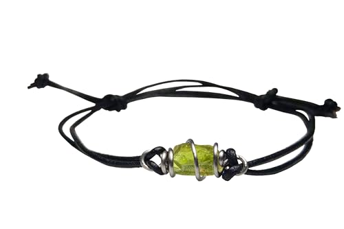 Real Raw Peridot August Birthstone Crystal Gemstone in Hand Wire Wrapped Cage Bronze-Steel-Copper-Silver-Gold-Rose Gold-Titanium-Niobium Wire Leather Waxed Cord Friendship Bracelet