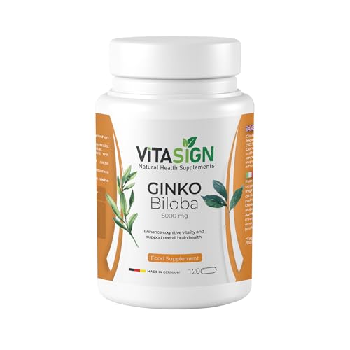 VitaSign Ginkgo Biloba 5000mg Standardized 50:1 Leaf Extract 24mg Ginkgoflavonoids and 6mg Terpenes Brain Health Support 120 Vegetarian Capsules Made in Germany