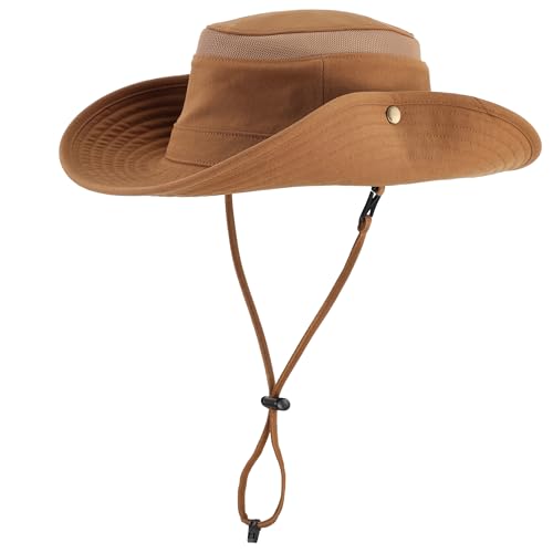 Image of Home Prefer UPF 50+ Wide Brim Sun Hat Mesh Crown Foldable Cotton Bucket Cowboy Hat for Men Safari Golf Fishing Beach Garden