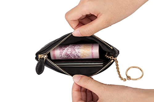 Image of DORIS&JACKY Soft Lambskin Leather Coin Purse Small Quilted RFID Blocking Top Zipper Wallet With Key Chain