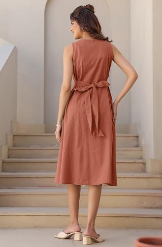 Image of Janasya Women's Rust Linen Cotton Solid A-line Dress