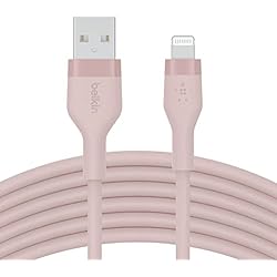 Cargador Belkin Rosa Belkin Cable de silicona USB-A a Lightning de 3 m BoostCharge Flex, Cable de Carga con Certificación MFi para iPhone 14/14 Plus, 13, 12, Pro, Max, Mini, SE, iPad y Otros, Rosa