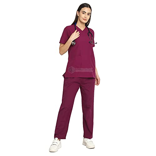 Image of IS IndoSurgicals Faux Wrap Scrub Suits for Doctors Women OT Dress (L, Wine)