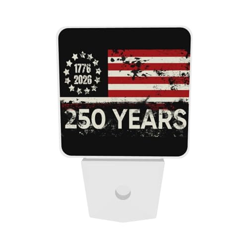 Image of 250th American Flag Night Light Set of 2, 250 Years Anniversary Auto Sensor LED Dusk-to-Dawn Nightlights, Plug-in Sensor Lamp for Bedroom Kitchen Hallway Stairs Decorative