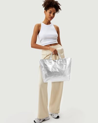 Image of Lushandy Striped PVC Tote Bag for Women, Waterproof Plastic Tote Bag for Beach Pool Large Top Handle Travel Hobo Handbag | Waterproof Material