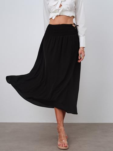 Women's Summer Side Tie Boho Maxi Skirt Shirred High Waisted Ruched Flowy Beach Long Skirts4