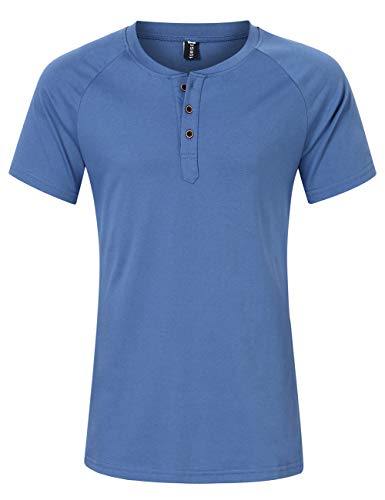 Yong Horse Men's Fashion Casual Basic Short Sleeve Henley T-Shirts Soft Cotton Tee Shirts Slim Fit, Blue, M