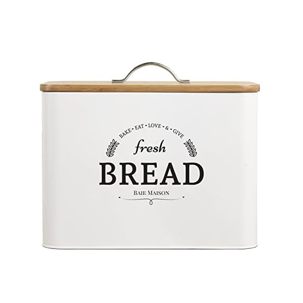 Extra Large White Farmhouse Bread Box for Kitchen Countertop - Breadbox Holder Fits 2+ Loaves - Bread Storage Container Bin - Rustic Bread Keeper Vintage Metal Kitchen Decor (White with Wood Lid)