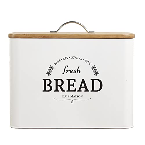 Extra Large White Farmhouse Bread Box for Kitchen Countertop Breadbox Holder Fits 2 Loaves Bread Storage Container Bin Rustic Bread Keeper Vintage Metal Kitchen Decor White with Wood Lid
