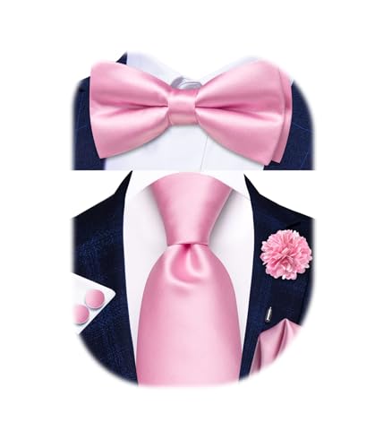 Image of Hi-Tie 5Pcs Mens Solid Color Silk Tie Satin Pretied Bowtie Lapel Pin for Men Handkerchief Cufflink Wedding Gift Box