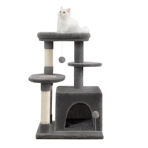 Apaeofl キャットタワー ミニ 猫タワー 小型 低い 小さめ 据え置き 人気 爪とぎポール 爪研ぎ 麻紐 猫のおもちゃ コンパクト 省スペース 頑丈 安全 猫ハウス 展望台 (グレー)