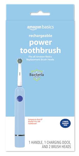 Amazon Basics Power Rechargeable Electric Toothbrush with EasyFlex Brush Heads Bacteria Defense and Replace-Me Bristles 2-Minute Quadrant Timer
