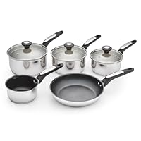 Morphy Richards 5-Piece Stainless Steel Pan Set, Dual Pouring Spout Non Stick, Tempered Glass Lid, Soft Touch, Suitable for All Hobs |Milk Pan| 16/18/20cm Saucepans |24cm Frying Pan | 859505
