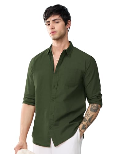 Image of The Souled Store Solid Linen: Beige Color Men and Boys Regular Outdoor Fit Full Sleeve Collared Neck Spread Collar Casual Wear Stylish Comfortable Premium Elegant Cotton Shirts