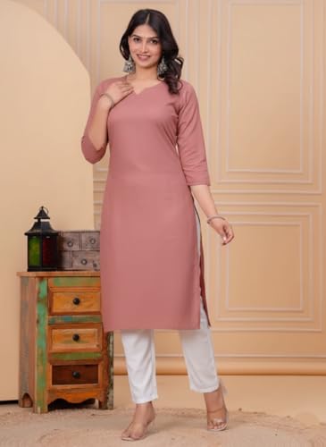 Image of Cotton Linen A-Line Long Kurti for Women Elegant V-Neck Regular Fit Solid Kurta Daily Formal Office Festival Wear