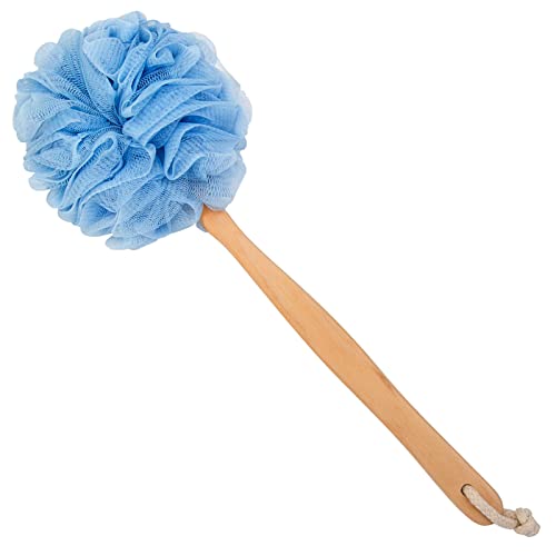 Loofah Back Scrubber for Shower, Wooden Long Handle Bath Sponge Lufa Shower Brush, Soft Nylon Mesh Back Cleaner Washer, Women & Men Exfoliating Luffa Pouf on a Stick for Body (Blue)
