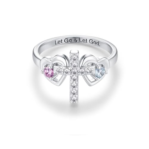 AILIN Custom Double Heart Cross Rings For Women Brass/925 Sterling Silver Personalized Two Birthstones Rings For Mom Her Mother Jewelry Birthday Gifts For Daughter Girlfriends
