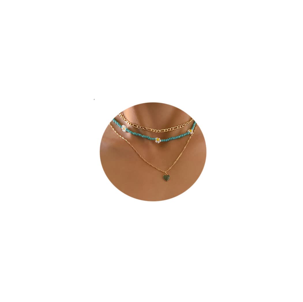 JovonoGargantilla de cuentas bohemias con cuentas en capas, collar con colgante de corazón dorado, gargantilla de cuentas de semillas de flores, conjunto de joyas de verano para mujeres y niñas