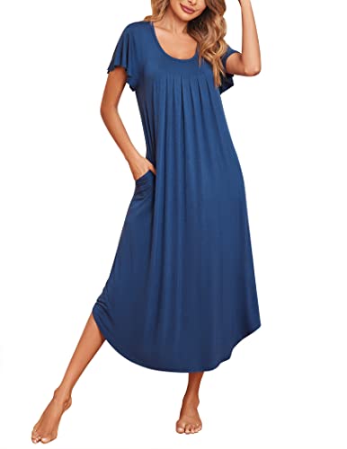 Image of Ekouaer Long Nightgowns for Women with Pockets Short Sleeves Moo Moos for Women Casual Maxi Dress House Dresses S-XXXL