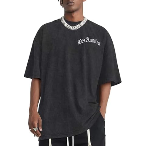 Bobeutou Oversized Vintage Graphic Tees for Men Los Angeles Shirt Acid Wash Tshirt Letter T-Shirt Grunge Crew Neck Tops (Black,L) Cover