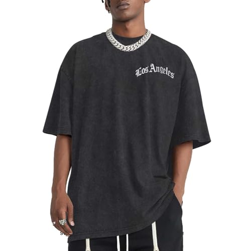 Bobeutou Oversized Vintage Graphic Tees for Men Los Angeles Shirt Acid Wash Tshirt Letter T-Shirt Grunge Crew Neck Tops