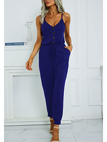 Adibosy Women V Neck Jumpsuits Strap Sleeveless Summer Rompers With Pockets Button Blue M #TOP2