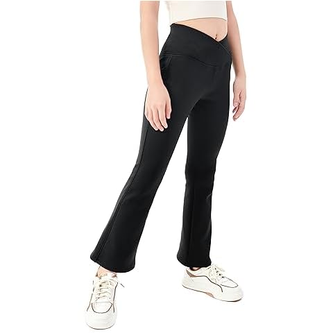 IRELIA Winter Girls Fleece Lined Leggings Cross Waisted Flare Yoga Pants Full Length Bell Bottoms Black XL Cover
