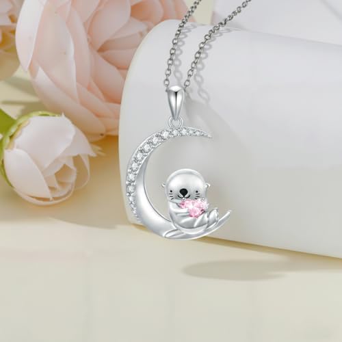 Image of PROESS Animal Birthstone Necklace 925 Sterling Silver Otter /Axolotl /Hippo /Elephant /Dachshund /Monkey /Red Panda Pendant Necklace Animal Birthstone Jewelry Gifts for Women