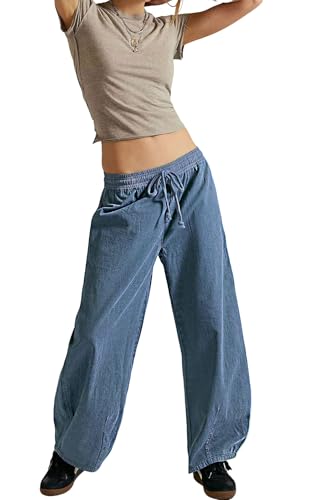loveimgs Women Baggy Barrel Jeans Boyfriend Elastic Mid Rise Wide Leg Jeans Sweatpants Denim Lounge Pants Drawstring Y2k