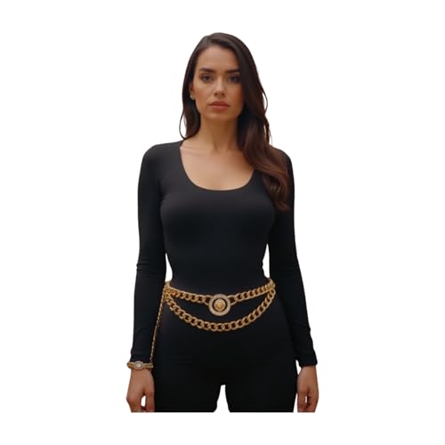 Women Hip Hop Fashion Belt Gold Metal Chain Lion Bling Charm Buckle M L XL Gold Color