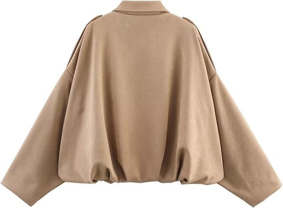 SKAYS Womens Faux Suede Bomber Jacket Lightweight Zip Up Cropped Lapel Pilot Jackets Oversized Casual Motorcycle Coat - Image 4