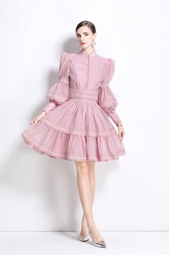 LAI MENG FIVE CATS Women's Puff Sleeves High Collar Hollow Mesh Pleat Layered Hem Solid Color Mini Dress3