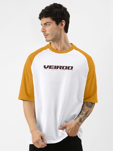 Image of Veirdo 100% Pure Cotton Oversized Loose Baggy Fit Drop Shoulder Round Neck Cool Front Chest Typographic Logo Printed Raglan Sleeve T-Shirt for Men (Colors: White, Black, Swanwhite, Beige & Grey)
