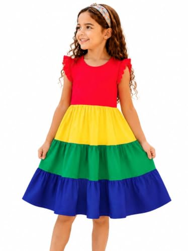 Image of HILEELANG Girls Cotton Tiered Dress Flutter Ruffle Sleeve Summer Swing Sundress Birthday Party Casual Outfit Colorblock 2-12Y