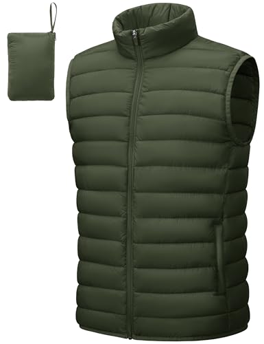 Cotrasen Mens Lightweight Puffer Vest Packable Insulated Puffer Vest Outerwear Winter Zipper Quilted Puffy Sleeveless Jacket Army Green XL