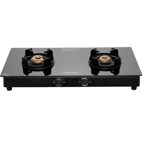 Image of Surya Flame Black Knight Gas Stove 2 Burners Glass Top with Forged Brass Burners | 2 Burner Gas Stove, Stove 2 Burner with Flame Guard Pan Support, 360 Revolving Nozzle with 69%+ Efficiency
