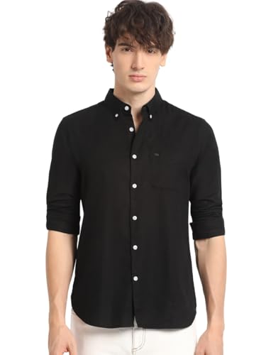 Image of The Bear House Men Black Solid Slim Fit Cotton Casual Shirt