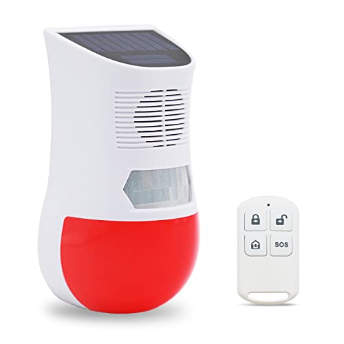 Solar Siren Light with Remote Control/Strobe Red Light with Siren/Motion Detector with Sound/Motion Alarm Outdoor with IP65 Waterproof, 129dB Solar Security Alarm for Yard Garden Farm Home