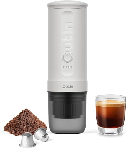 Outin Nano - Cafetera espresso eléctrica portátil con autocalentamiento de 3 a 4 minutos, 20 bares, mini cafetera pequeña de 12 V 24 V, compatible con cápsulas NS y café molido (blanco perla)