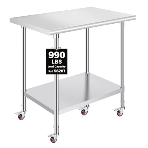 Image of OSTBA Stainless Steel Prep Table with 4 Locking Casters Wheels, 24 x 36 Inch Heavy Duty Commercial Work Table with Adjustable Undershelf for Restaurant, Kitchen, Garage & Home, NSF Certified