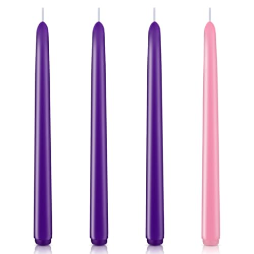 Advent Candle Set - 4 Pack of 10-Inch Taper Candles (3 Purple, 1 Pink) for Christmas Advent Wreath, Unscented, Dripless, and Smokeless